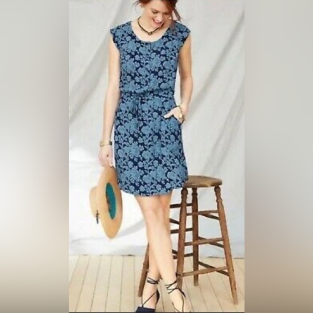Cabi 5265 Playful Dress Blue Floral Print Drawstring Waist Pockets Womens Medium